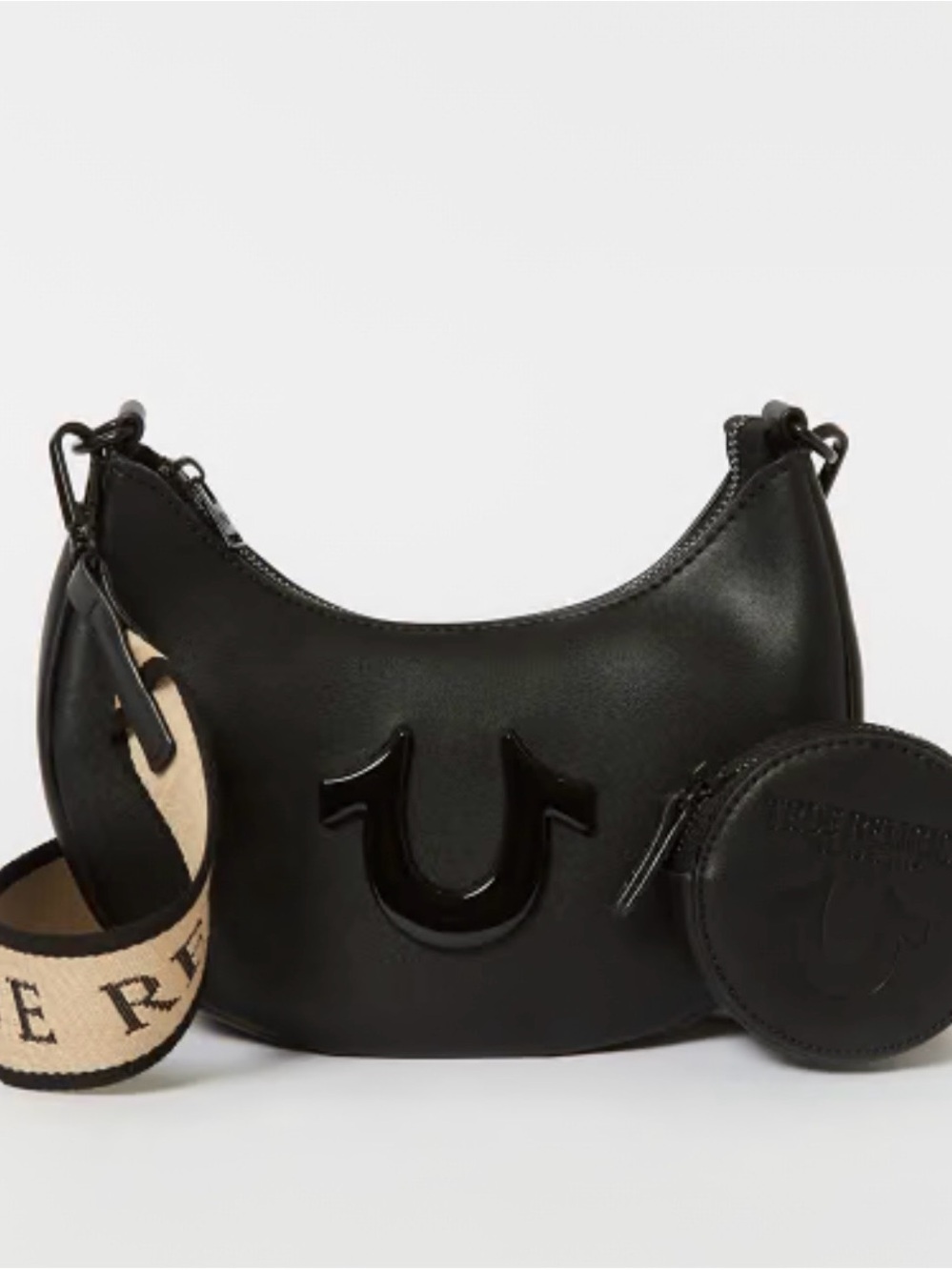 True Religion Black Crescent Shoulder Bag with Detachable Logo Strap